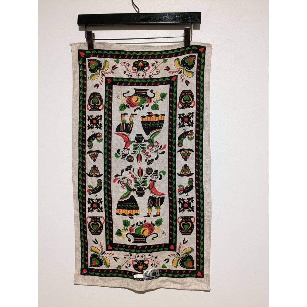 Vintage Linen Tea Towel Parisian Prints Penn Dutch Folk Art Screen Print NOS